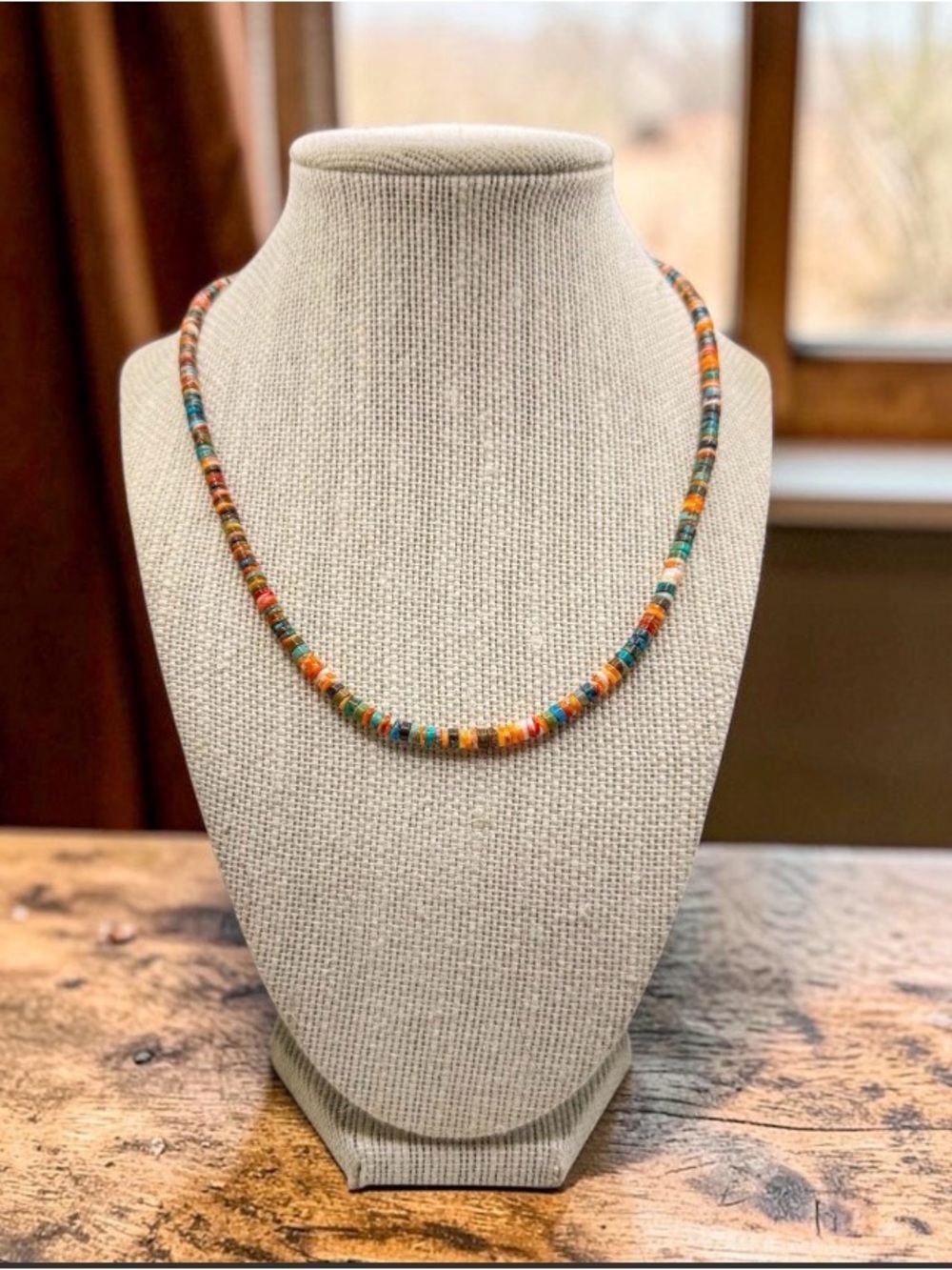 Native American Turquoise + Spiny Oyster Beaded Necklace, Sterling Silver  (T26)